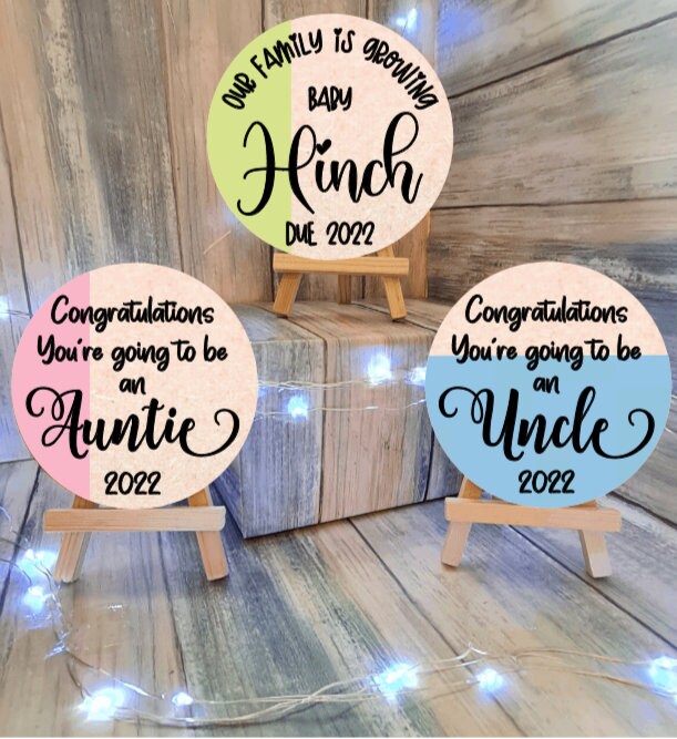 Personalised Wooden Pregnancy Announcement Plaques.