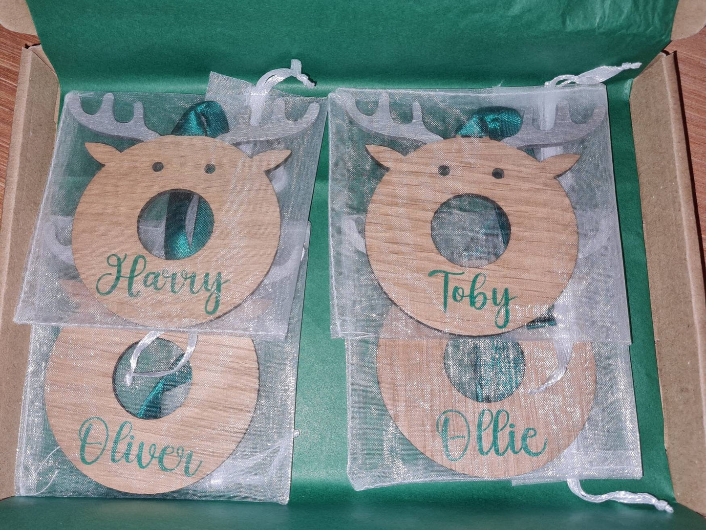 Personalised Oak Reindeer Chocolate/£2 Holder Flat Bauble