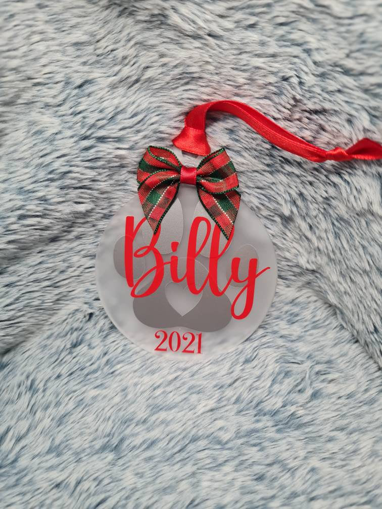 Personalised frosted acrylic christmas pet baubles.