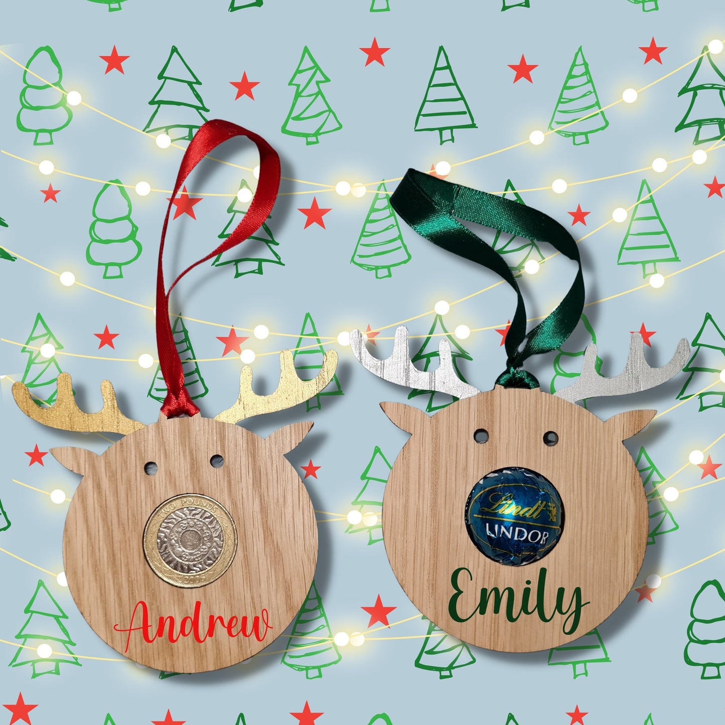 Personalised Oak Reindeer Chocolate/£2 Holder Flat Bauble