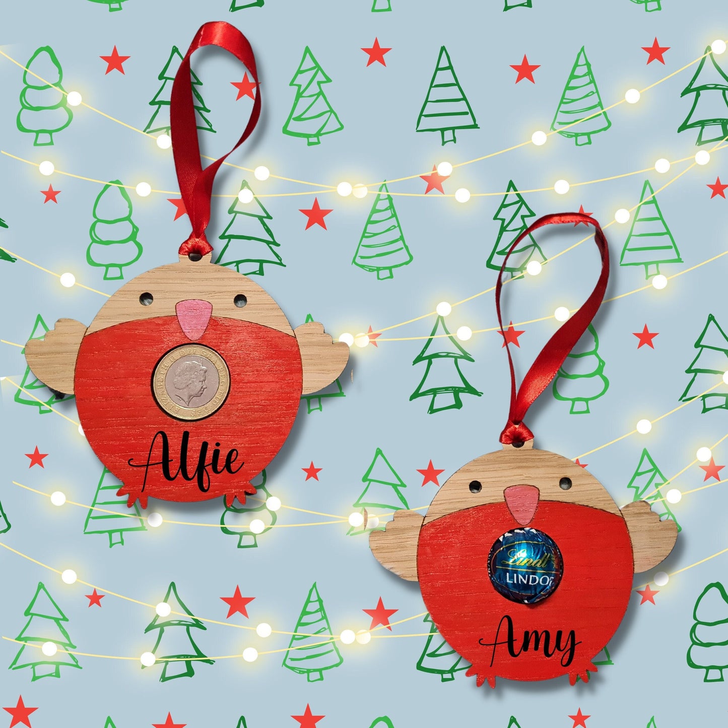 Oak Robin Chocolate/£2 coin holder Flat Bauble